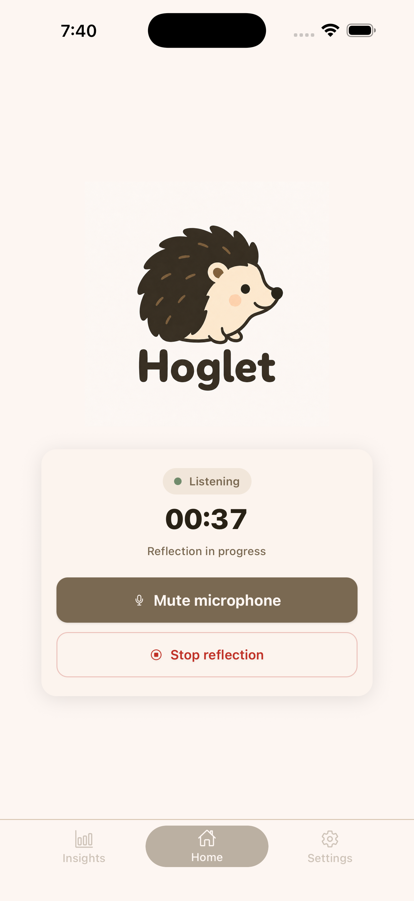 Hoglet active reflection screen showing a guided voice session in progress with realtime reflection prompts.